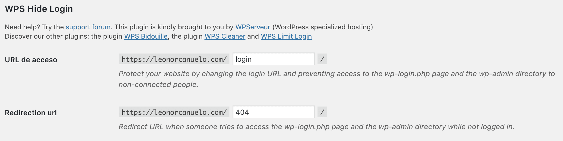 Configuración Plugin WPS Hide Login